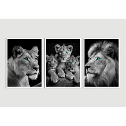 "Família leão 3 filhotes preto e branco" Conjunto de quadros decorativos