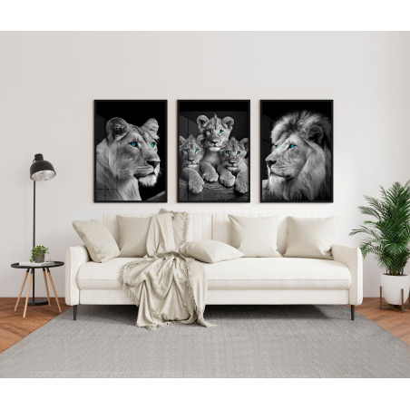 "Família leão 3 filhotes preto e branco" Conjunto de quadros decorativos