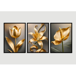 "Flores metalizadas douradas" Conjunto de quadros decorativos