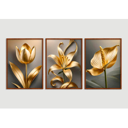 "Flores metalizadas douradas" Conjunto de quadros decorativos