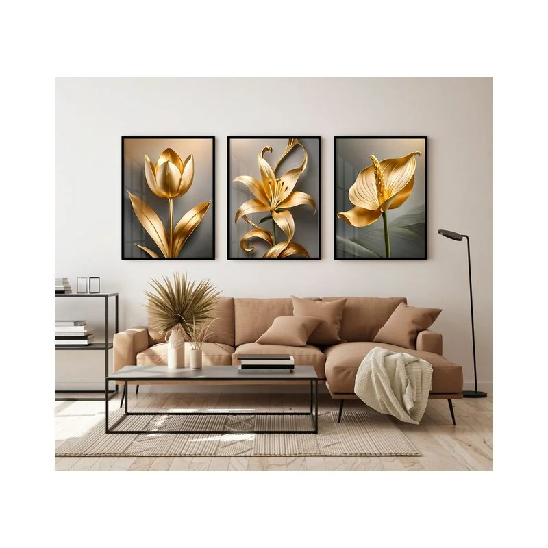 "Flores metalizadas douradas" Conjunto de quadros decorativos
