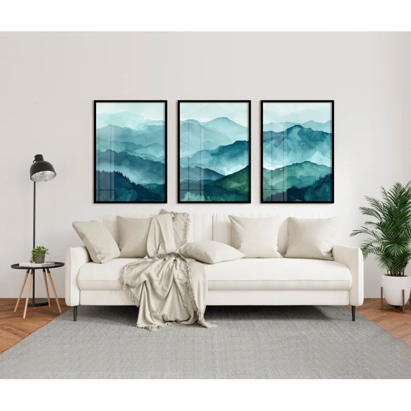 "Trio paisagem montanhas aquarela" Conjunto de quadros decorativos
