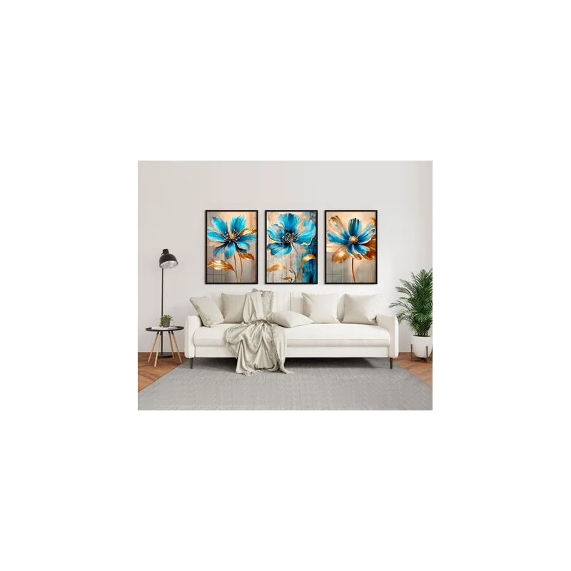 "Flores azul e dourado" Conjunto de quadros decorativos