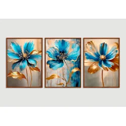 "Flores azul e dourado" Conjunto de quadros decorativos