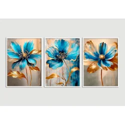"Flores azul e dourado" Conjunto de quadros decorativos