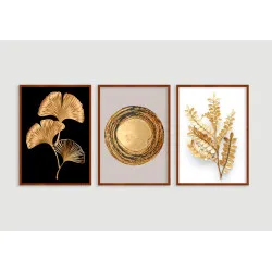 "Trio abstrato folhas douradas" Conjunto de quadros decorativos