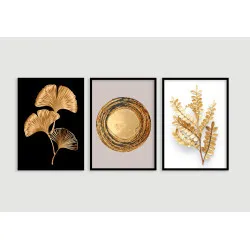 "Trio abstrato folhas douradas" Conjunto de quadros decorativos