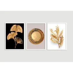"Trio abstrato folhas douradas" Conjunto de quadros decorativos