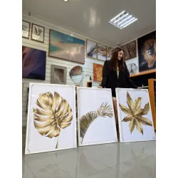 "Folhas douradas fundo branco" Conjunto de quadros decorativos