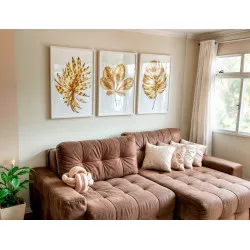 "Trio folhagens ouro-branco" Conjunto de quadros decorativos