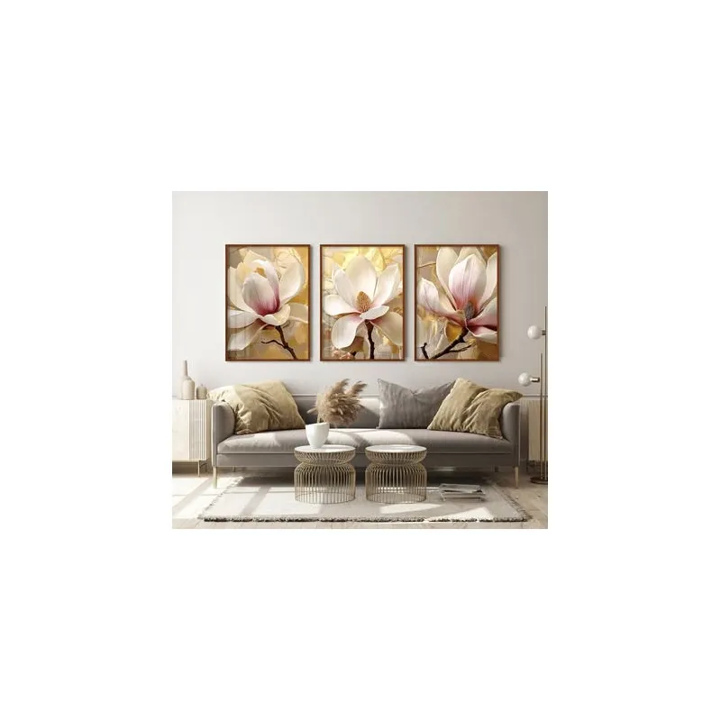 "Trio floral dourado" Conjunto de quadros decorativos