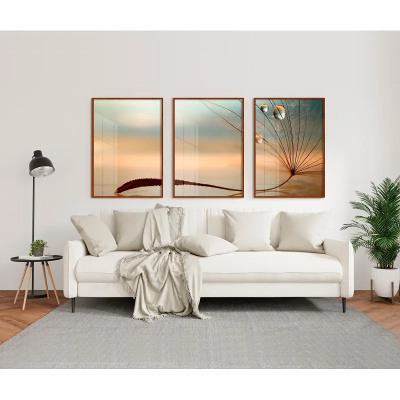 "Trio dente de leão com gotas de orvalho" Conjunto de quadros decorativos