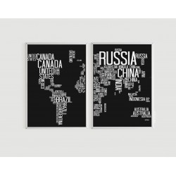 "Dupla mapa com Nomes dos países Preto" Conjunto de quadros decorativos