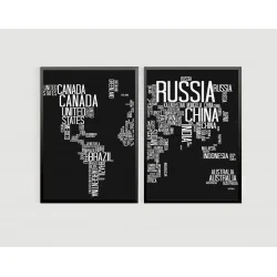 "Dupla mapa com Nomes dos países Preto" Conjunto de quadros decorativos