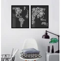 "Dupla mapa com Nomes dos países Preto" Conjunto de quadros decorativos