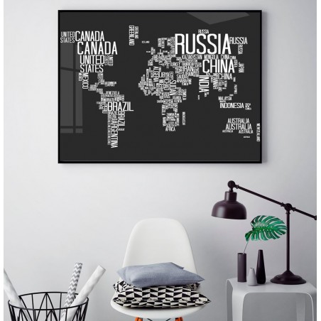 "Mapa com nome dos países Preto" Quadro de decoração