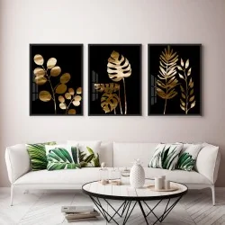"Trio plantas ouro-preto" Conjunto de quadros decorativos