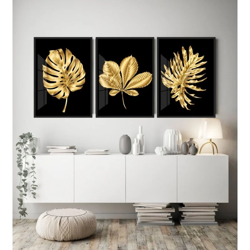 "Trio folhagens ouro-preto" Conjunto de quadros decorativos