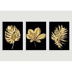 "Trio folhagens ouro-preto" Conjunto de quadros decorativos