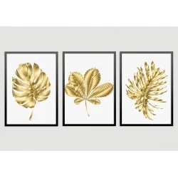 "Trio folhagens ouro-branco" Conjunto de quadros decorativos