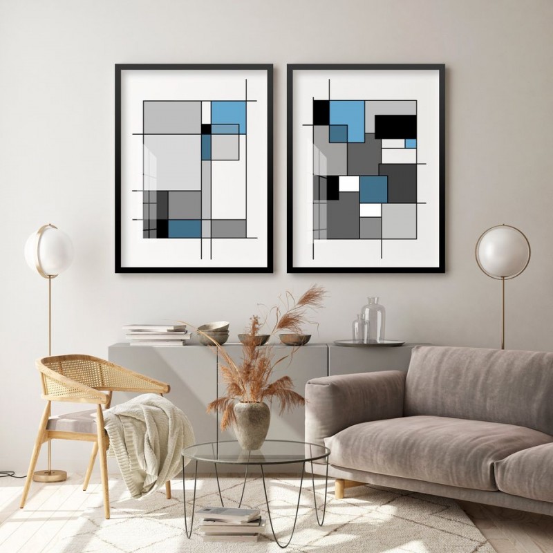 "Abstrato Preto e Azul" Conjunto de quadros decorativos