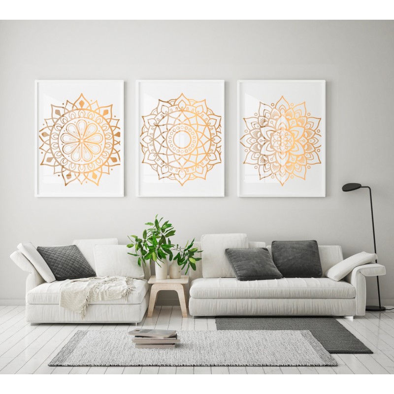 "Trio mandalas douradas branco II" Conjunto de quadros decorativos