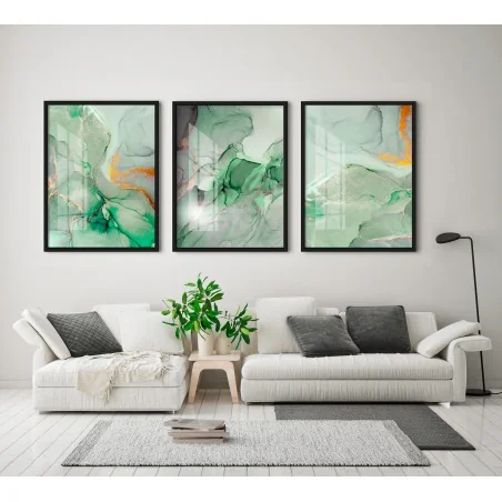 "Trio mármore verde folha" Conjunto de quadros decorativos