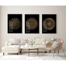 "Trio mandalas douradas preto" Conjunto de quadros decorativos