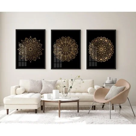 "Trio mandalas douradas preto" Conjunto de quadros decorativos
