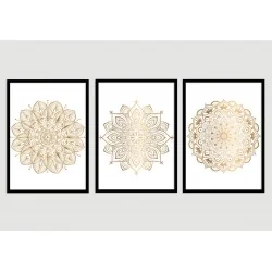 "Trio mandalas douradas branco" Conjunto de quadros decorativos
