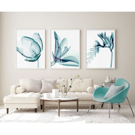 "Trio flores azul turquesa" Conjunto de quadros decorativos