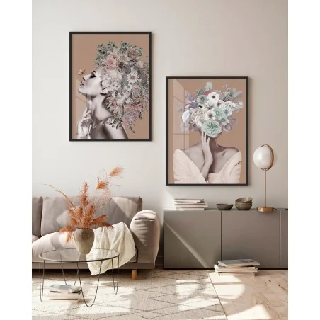 "Mulheres de flor fundo natural" Conjunto de quadros decorativos
