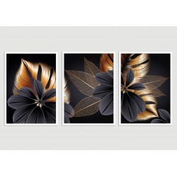 "Trio floral preto e dourado" Conjunto de quadros decorativos