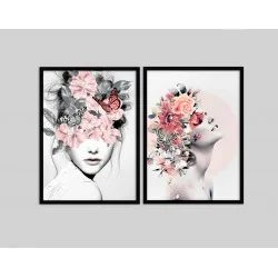 "Mulher - Cabeças de flor IIII" Conjunto de quadros decorativos