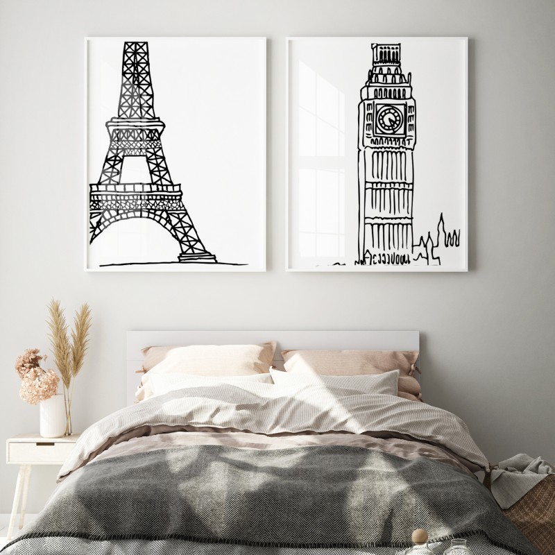"Torre Eiffel e Big Ben" Conjunto de quadros decorativos