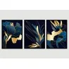 "Azul com flores douradas Trio" Conjunto de quadros decorativos