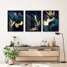 "Azul com flores douradas Trio" Conjunto de quadros decorativos
