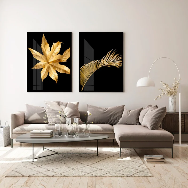 Folhas douradas trio Conjunto de quadros decorativos - ArteLinear!   Quadros modernos para sala, Quadros decorativos para sala, Decoração sala  quadros