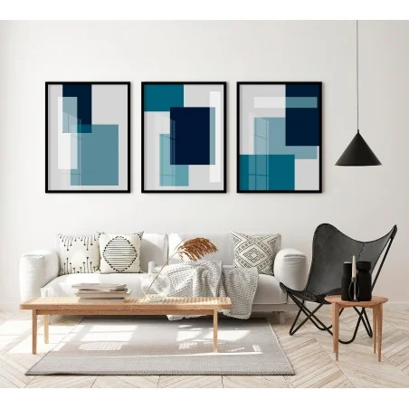 "Trio abstrato azul petróleo" Conjunto de quadros decorativos