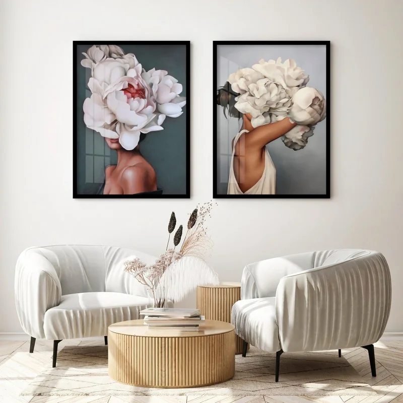"Mulheres de flor fundo escuro" Conjunto de quadros decorativos