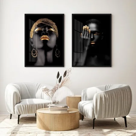 "Dupla mulher negra dourado III" Conjunto de quadros decorativos