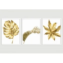 "Folhas douradas fundo branco" Conjunto de quadros decorativos