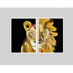 "Casal de leões pintura" Conjunto de quadros decorativos