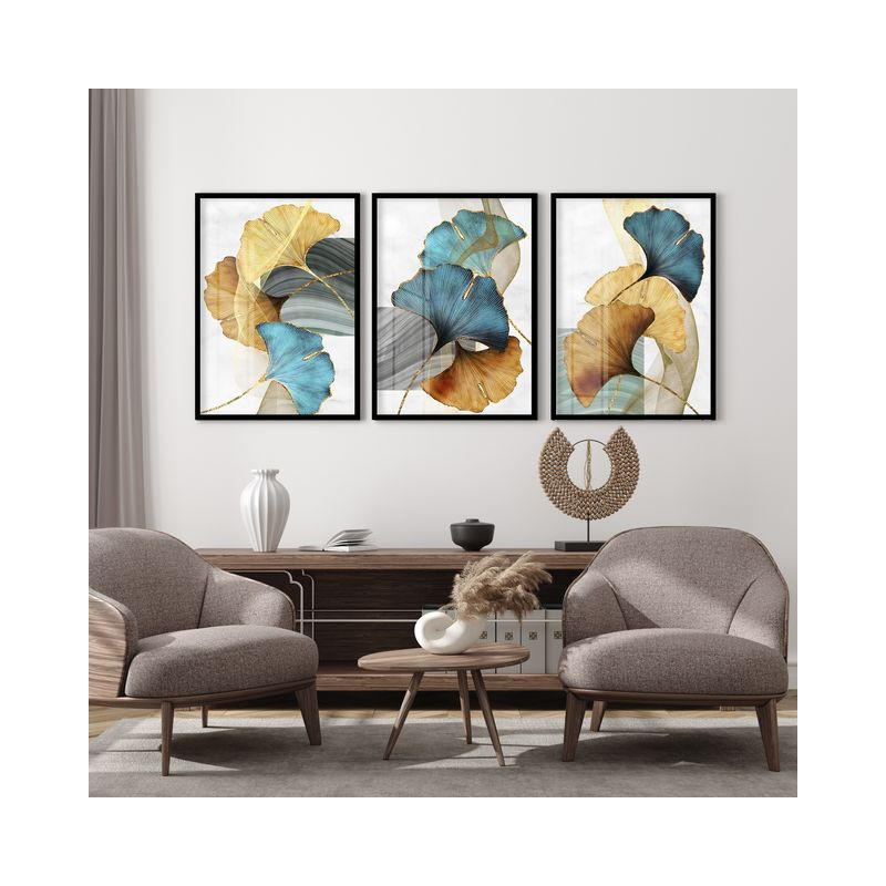 "Abstrato azul e dourado" Conjunto de quadros decorativos