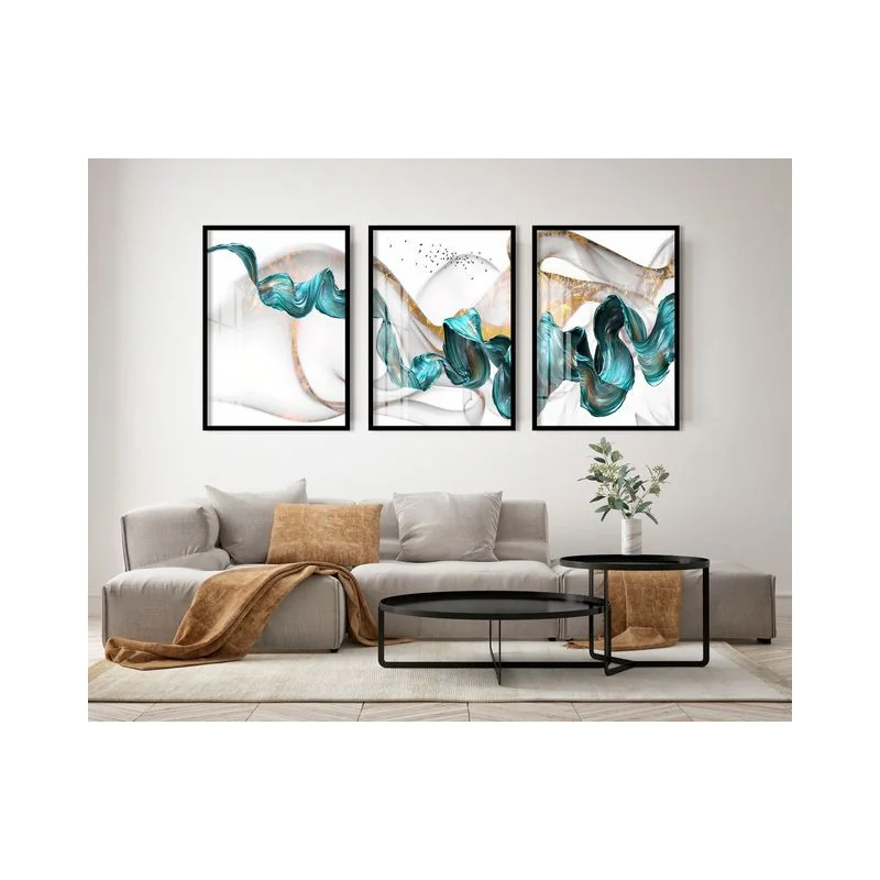 "Trio abstrato azul e dourado" Conjunto de quadros decorativos