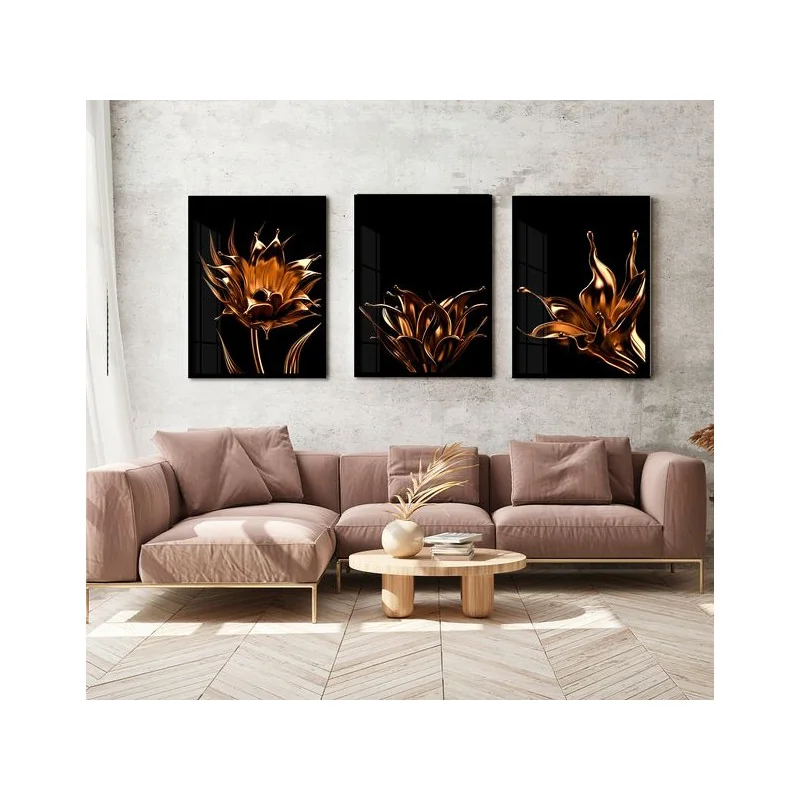 "Trio flores rosê gold fundo preto" Conjunto de quadros decorativos