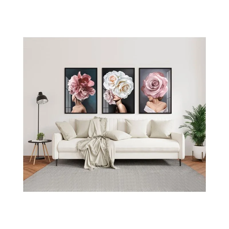 "Trio pintura mulheres de flor" Conjunto de quadros decorativos
