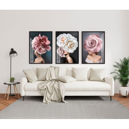 "Trio pintura mulheres de flor" Conjunto de quadros decorativos