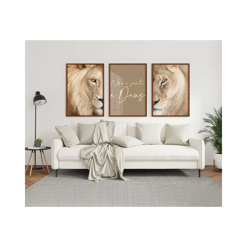 "Nunca foi sorte, sempre foi Deus casal de leões" Conjunto de quadros decorativos
