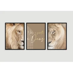 "Nunca foi sorte, sempre foi Deus casal de leões" Conjunto de quadros decorativos